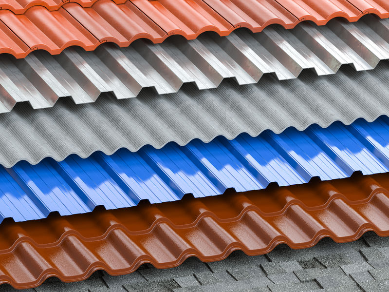 Stack of roofing materials including red tile, corrugated metal, and blue sheet panels