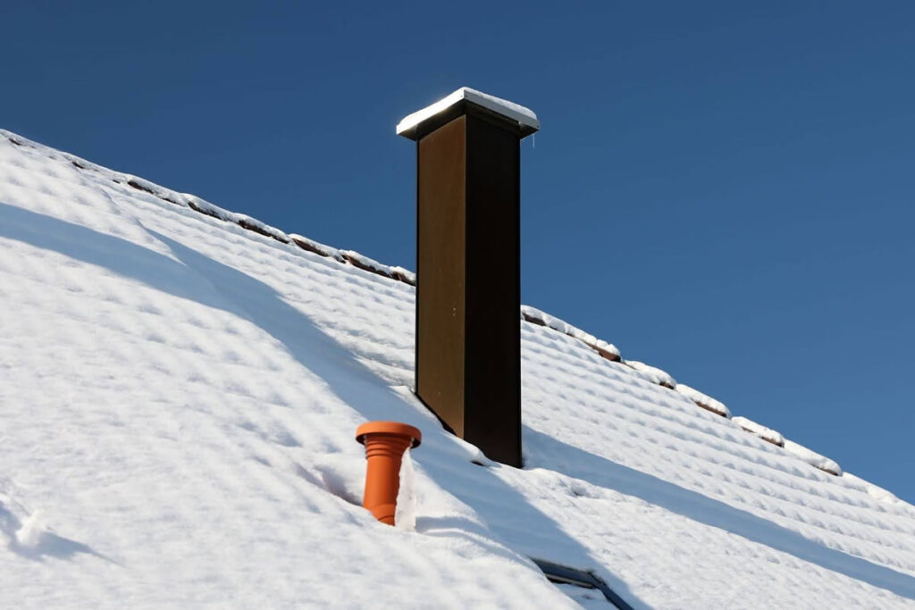 A snow-covered roof with a ridge vent illustrating proper attic ventilation in winter.