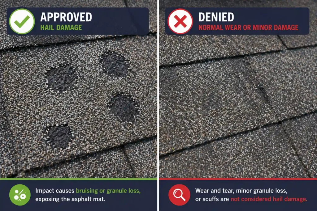 Comparison graphic showing hail damage that may support an insurance claim versus normal roof wear or minor shingle damage.