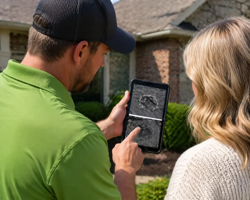 CTI Roofing specialist showing a homeowner photo documentation of roof hail damage during a professional inspection in Utah.