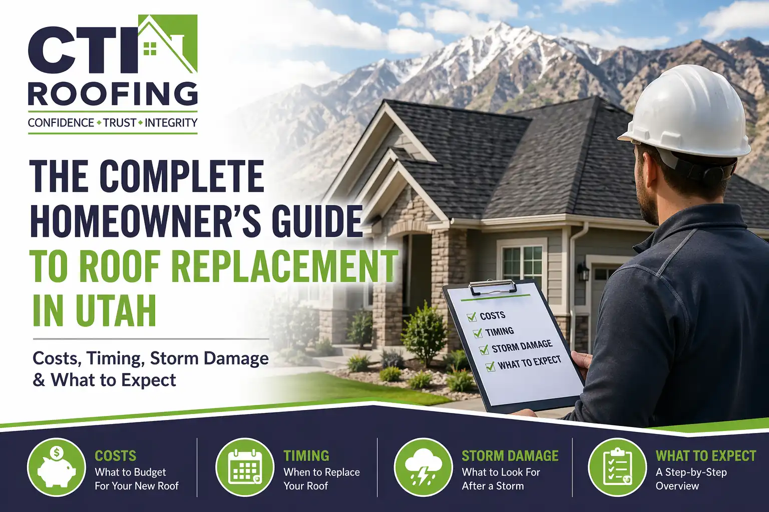 CTI Roofing roof replacement guide graphic showing a roof inspector reviewing costs, timing, storm damage, and what homeowners should expect in Utah.