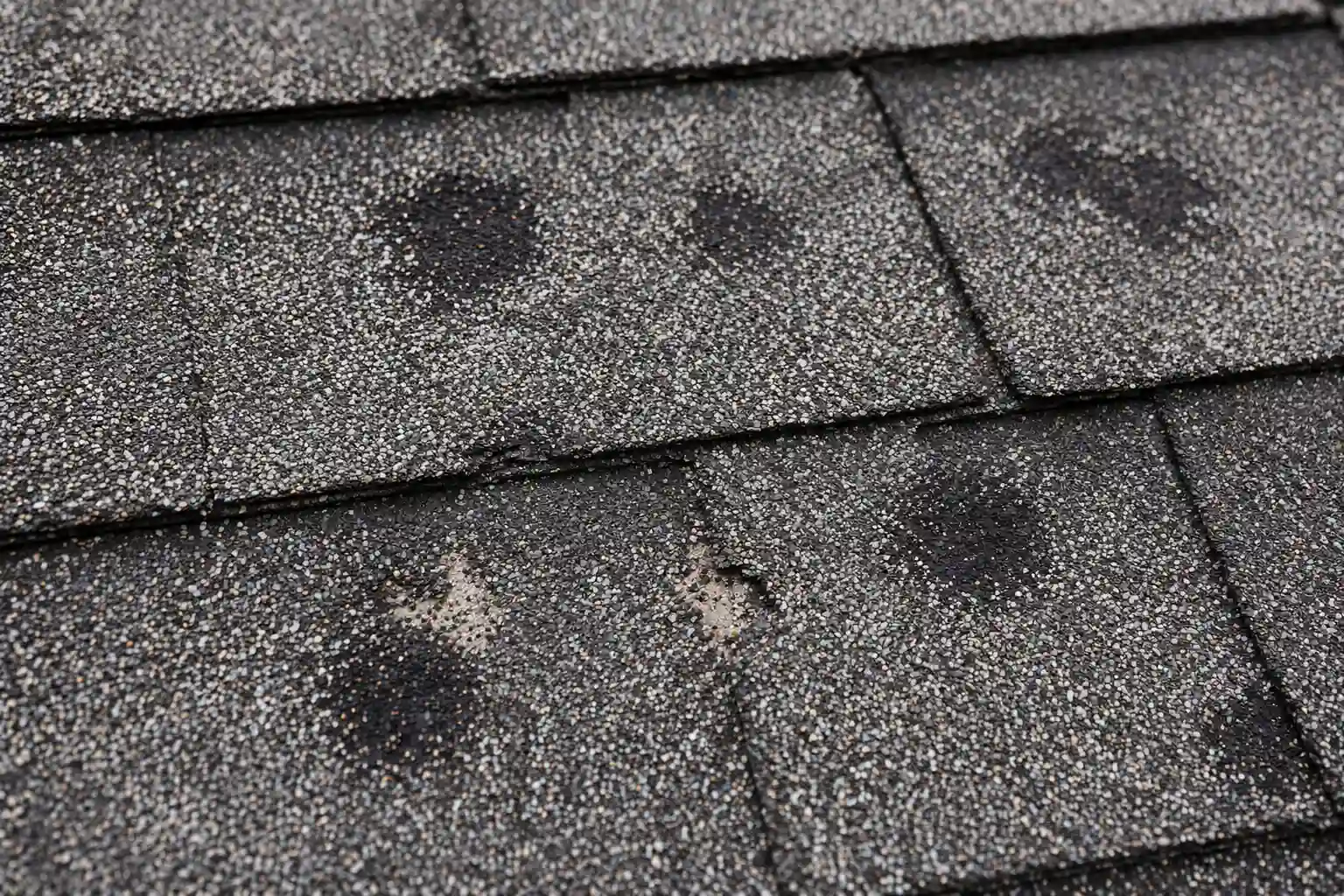 Close-up of asphalt roof shingles with hail impact marks and granule loss that may require a professional roof inspection in Utah.