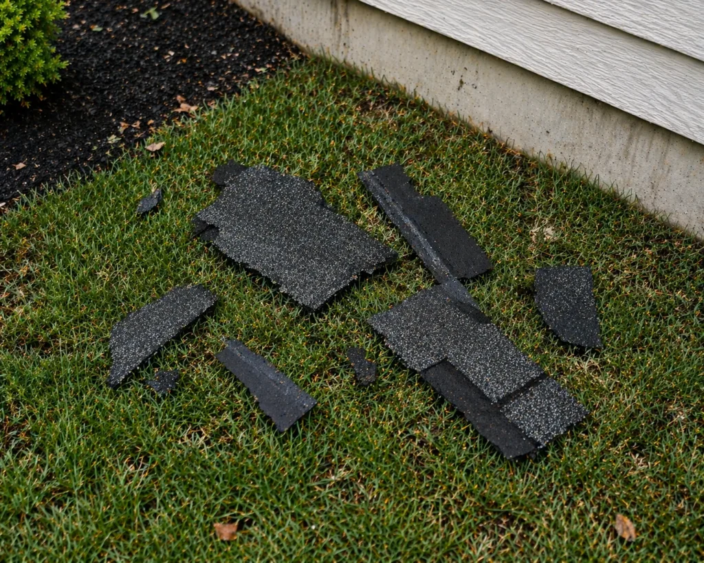 Pieces of Shingles or Roofing Material on the Ground