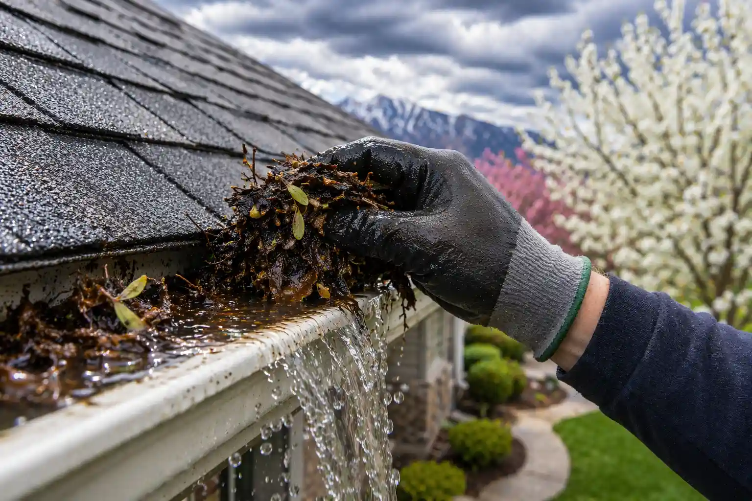 Close-up of a gutter being cleared of leaves and debris to help protect a Utah roof from water overflow during spring and summer storms.