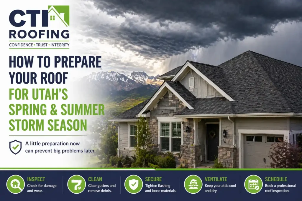 CTI Roofing storm preparation guide graphic showing a Utah home before spring and summer storms with roof inspection, gutter cleaning, ventilation, and maintenance tips.