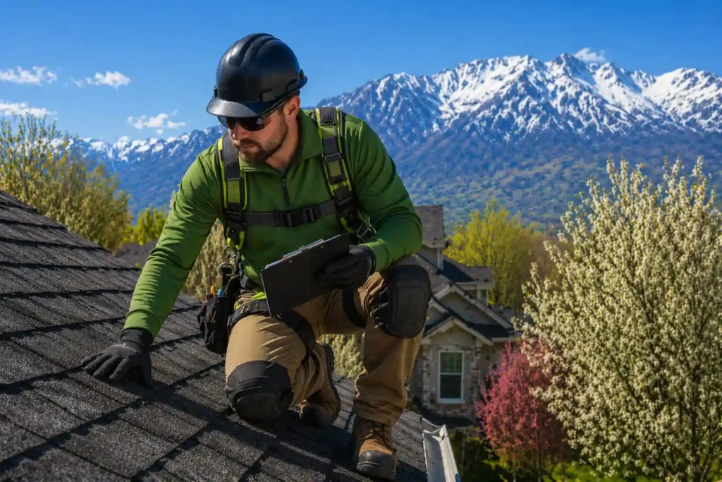 Roofing professional inspecting asphalt shingles on a Utah home before storm season to identify weak points, lifted shingles, and potential roof damage.