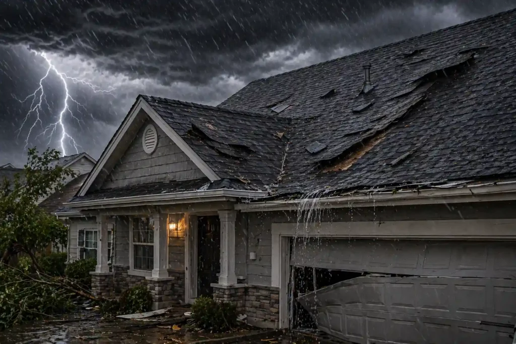 Utah home with damaged roof shingles during heavy rain and lightning, showing why storm preparation and roof maintenance matter before severe weather.