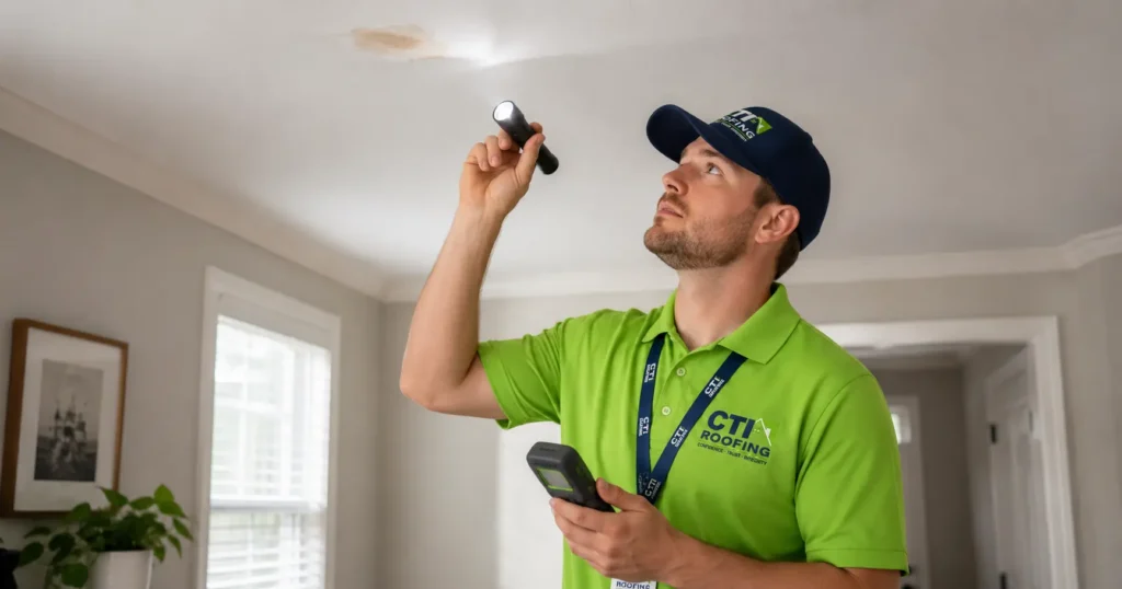 CTI Roofing inspector checking a small ceiling stain to determine whether it is an active roof leak, old stain, condensation issue, or repairable roof problem.
