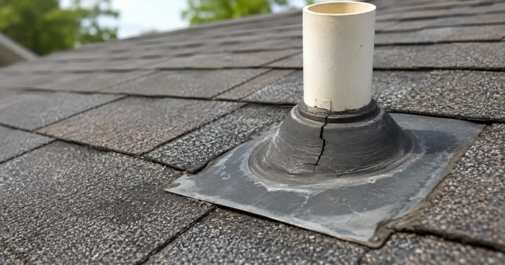 Close-up of a cracked pipe boot on an asphalt shingle roof that may cause a leak and should be checked during a roof inspection.
