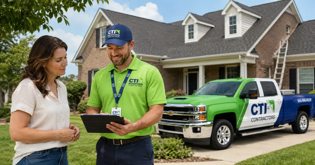 CTI Roofing representative reviewing inspection findings with a homeowner and explaining repair or replacement options with no pressure.