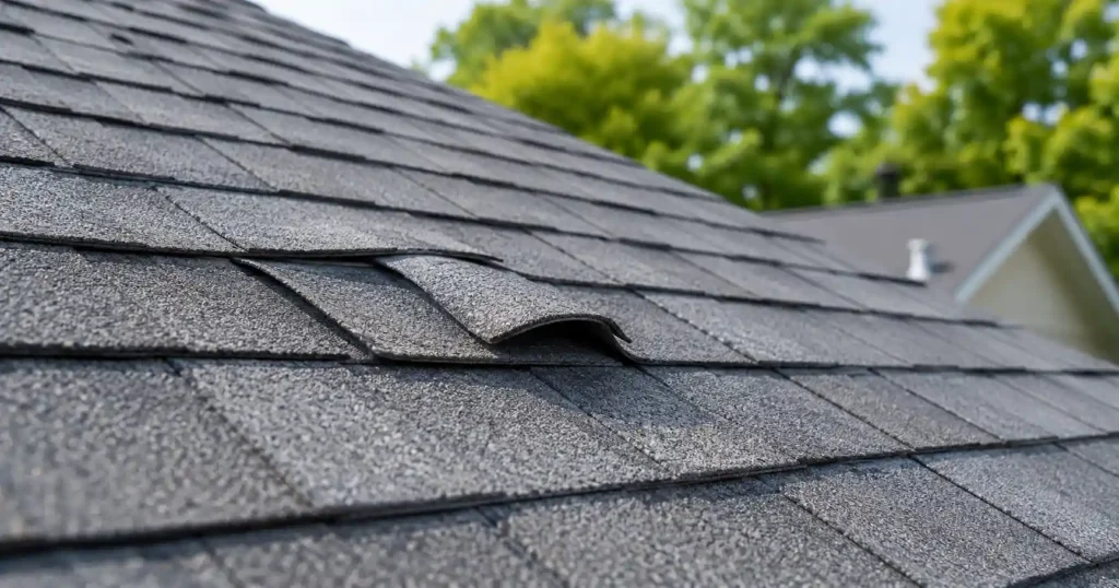 Close-up of curled and lifted asphalt shingles that may be repairable if the issue is isolated and the rest of the roof is still in good condition.