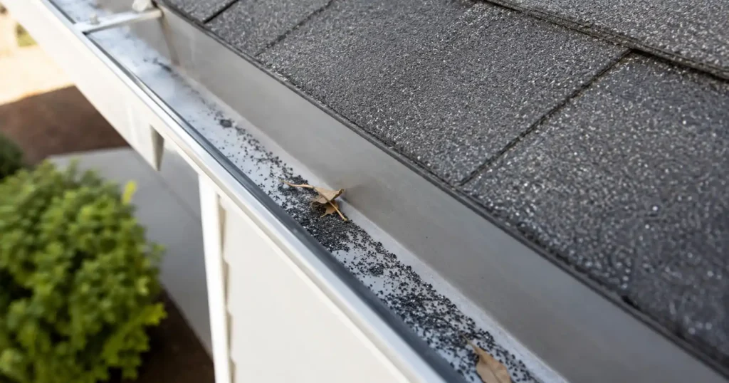 Asphalt shingle granules collected in a gutter, which can be normal in small amounts but may indicate roof wear if buildup is heavy.