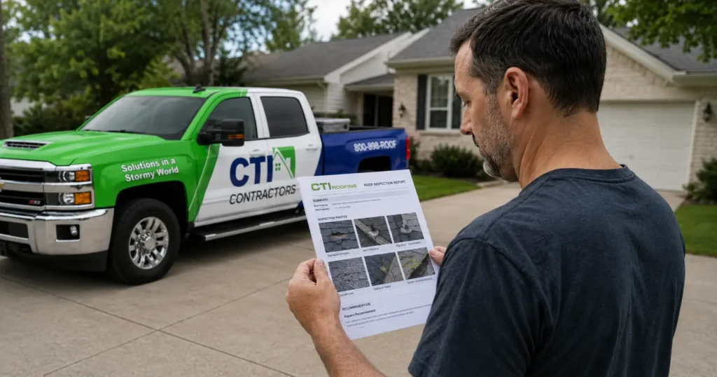 Homeowner reviewing a photo-backed roof inspection report before deciding whether roof repair or replacement is the right next step.