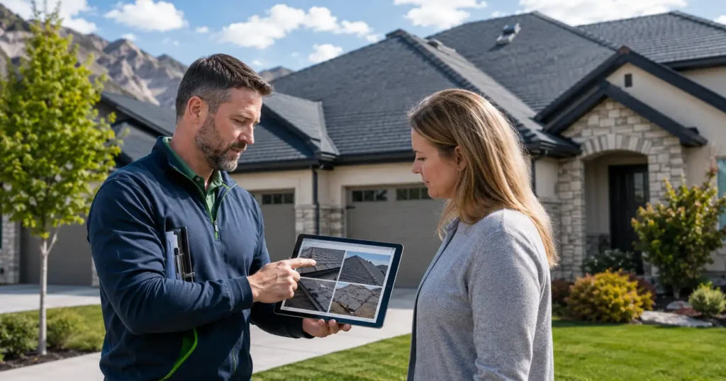 CTI Roofing representative explaining roof inspection photos to a homeowner during an honest roof inspection in Utah.