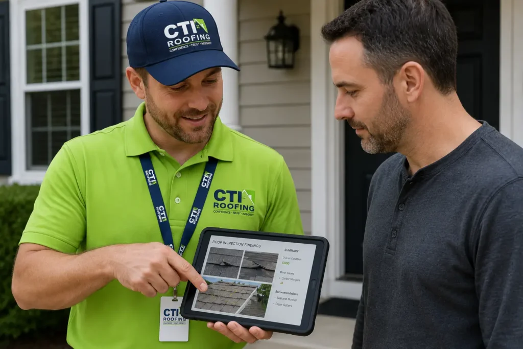 CTI Roofing representative showing a homeowner roof inspection photos on a tablet and explaining whether the roof problem may be repairable.