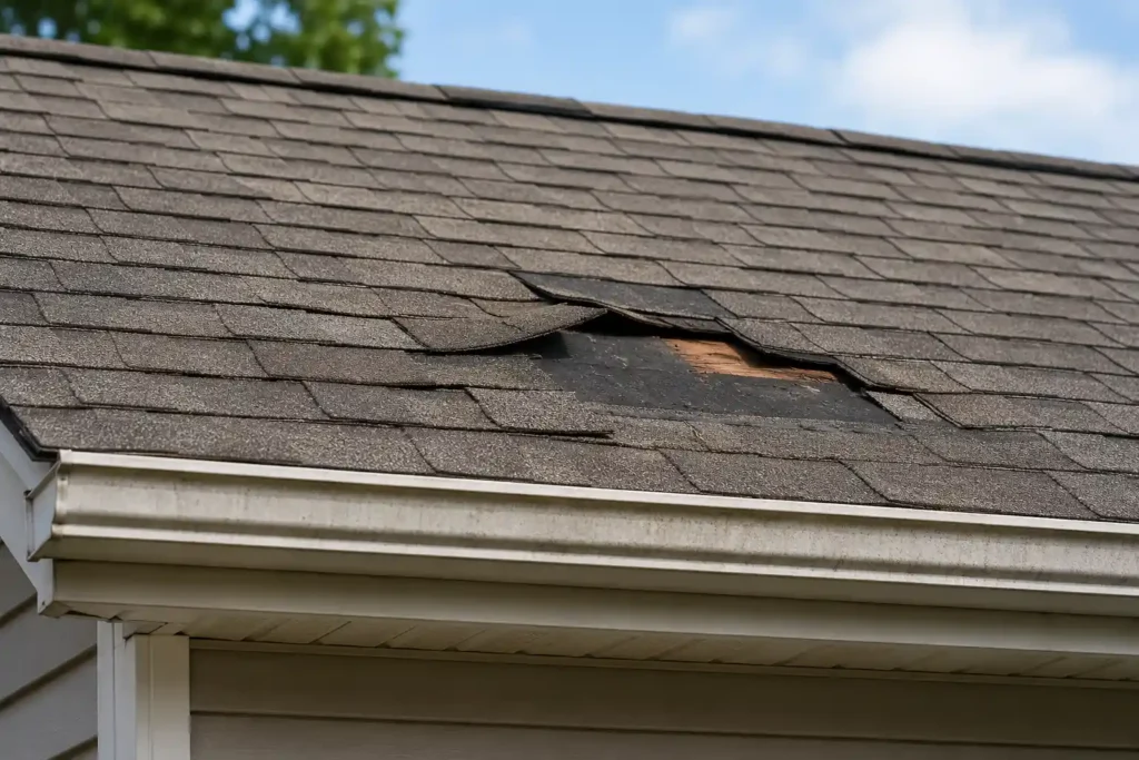 Close-up of missing and lifted asphalt shingles on a roof, showing a problem that may need inspection but does not always require full replacement.