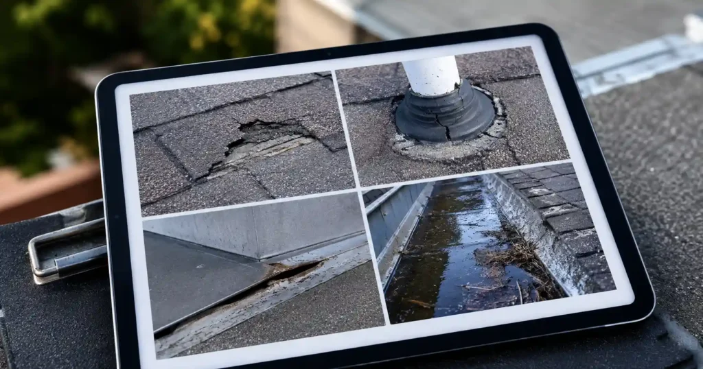 Tablet showing roof inspection photos of damaged shingles, pipe boots, flashing concerns, and areas where water may enter the roof.
