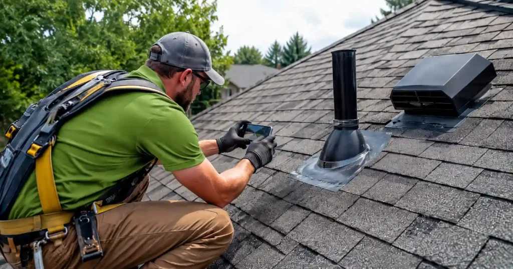 Roofer inspecting asphalt shingles, vents, and roof penetrations to document overall roof condition during a professional inspection.