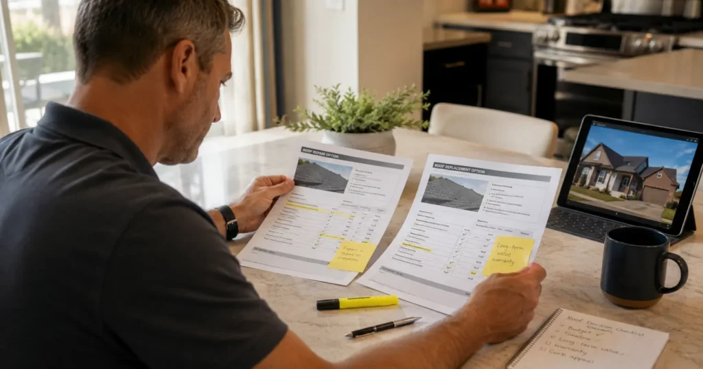 Homeowner comparing two roof inspection reports and photos before deciding whether to move forward with a roof replacement.