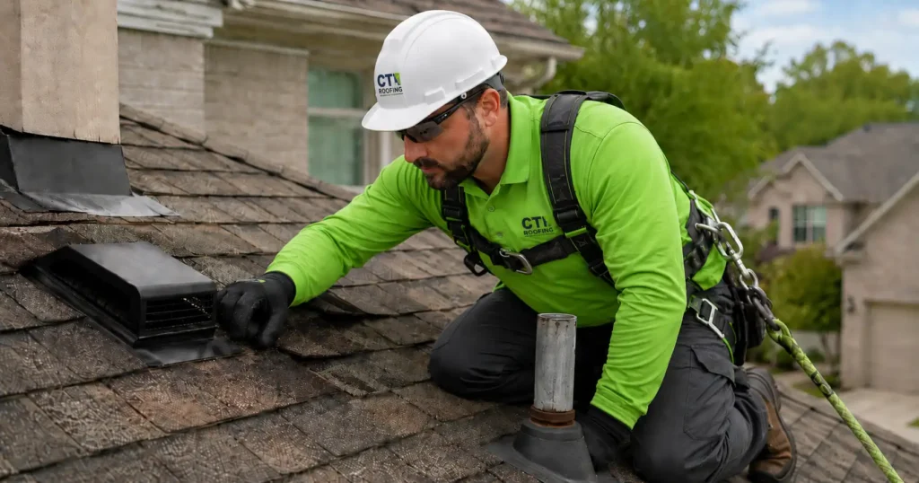CTI Roofing inspector checking shingles, vents, flashing, and roof penetrations during a second-opinion roof inspection.