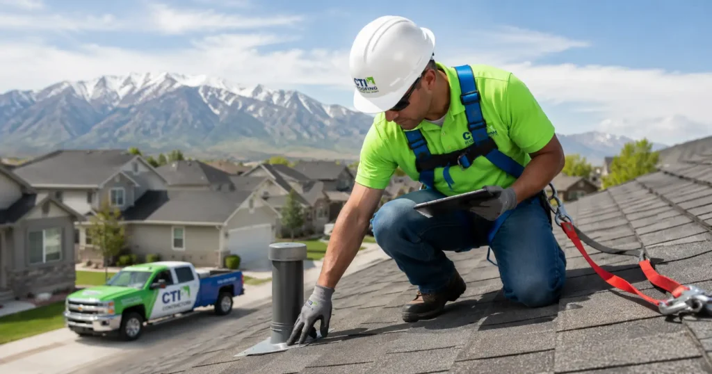 CTI Roofing inspector checking shingles, vents, flashing, and roof penetrations after possible storm damage to help determine whether a claim or repair makes sense.