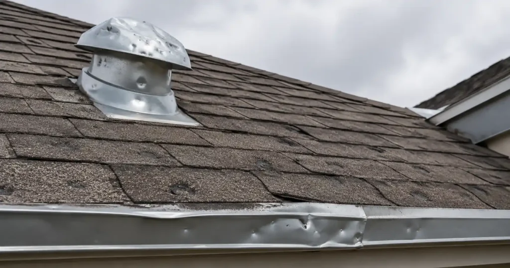 Close-up of hail damage on roof shingles, vents, and metal components that may need documentation before filing a roof insurance claim.