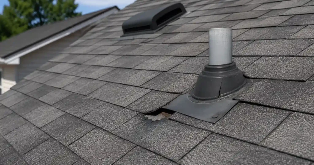 Close-up of localized roof damage near a pipe boot, showing why a second opinion can help determine whether repair or replacement makes sense.