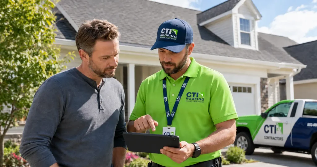 CTI Roofing representative reviewing roof inspection findings with a homeowner before deciding whether roof replacement is necessary.
