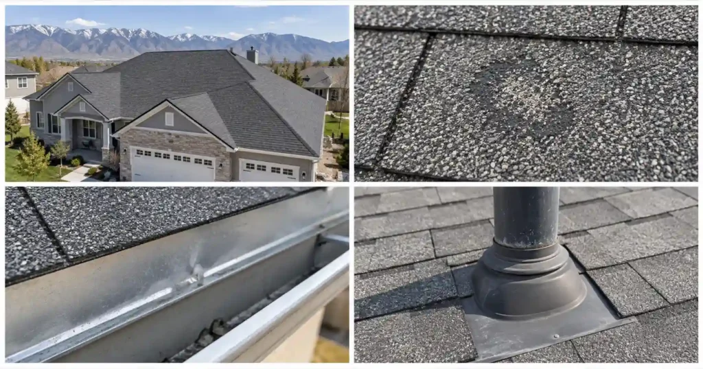 Collage of roof inspection photos showing a roof overview, shingle damage, dented gutter, and pipe boot to help homeowners understand inspection findings.