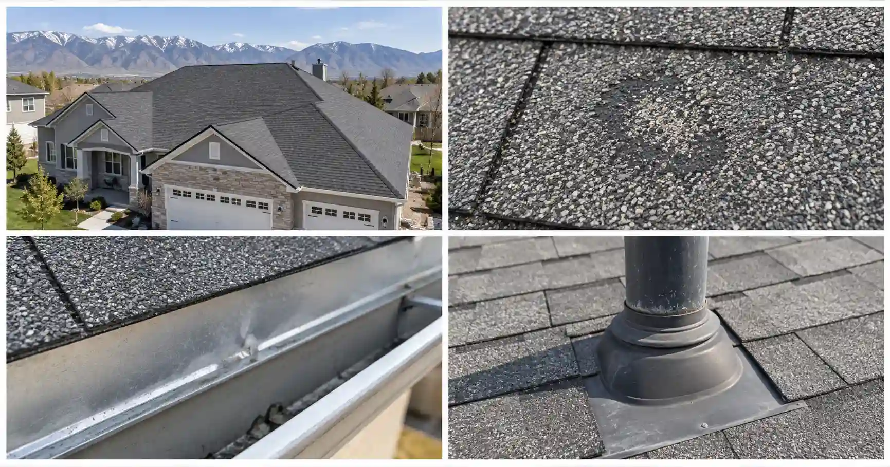Collage of roof inspection photos showing a roof overview, shingle damage, dented gutter, and pipe boot to help homeowners understand inspection findings.