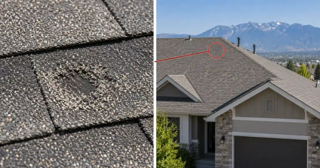 Close-up of shingle damage beside a wider roof photo showing where the issue was found so homeowners can understand roof inspection context.