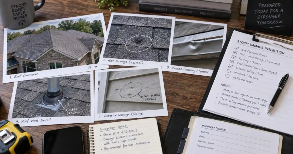 Organized roof inspection photo set with roof overview, hail damage close-up, dented gutter, pipe vent detail, and inspection notes for an insurance claim conversation.