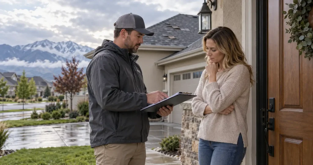 Homeowner speaking with a roofing contractor after a storm, illustrating why homeowners should avoid pressure and guaranteed insurance claim promises.
