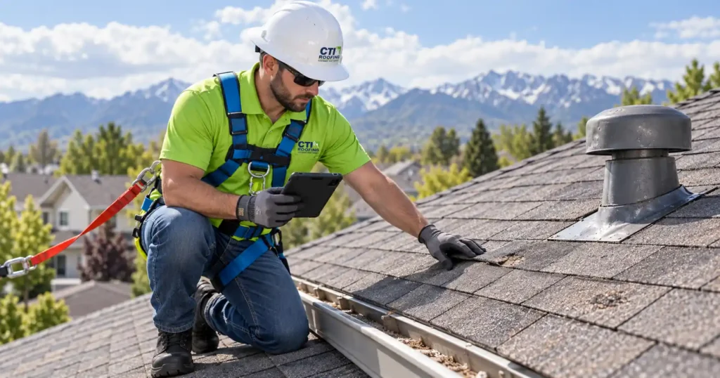 CTI Roofing inspector documenting shingles, vents, flashing, and other visible storm damage during a roof inspection for possible insurance claim support.