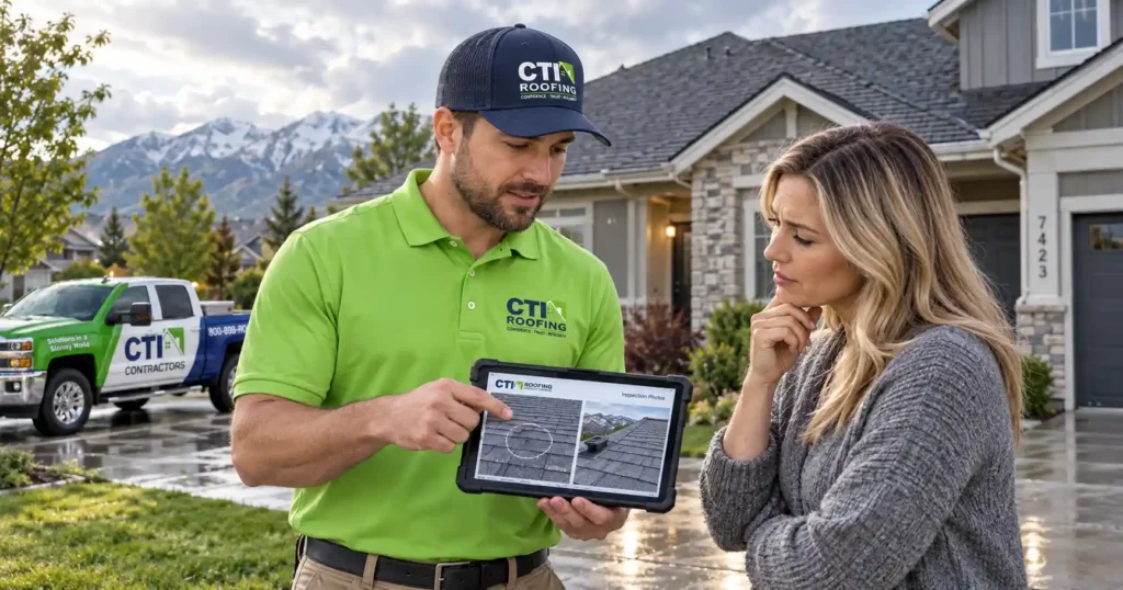 CTI Roofing representative showing a homeowner roof damage photos after a storm and explaining what a roofer can and cannot promise about an insurance claim.