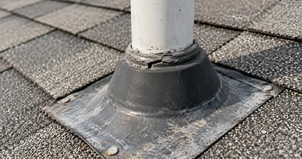 Close-up of cracked and aging roof seala.nt around a plumbing vent pipe on an asphalt shingle roof as temperatures begin to drop
