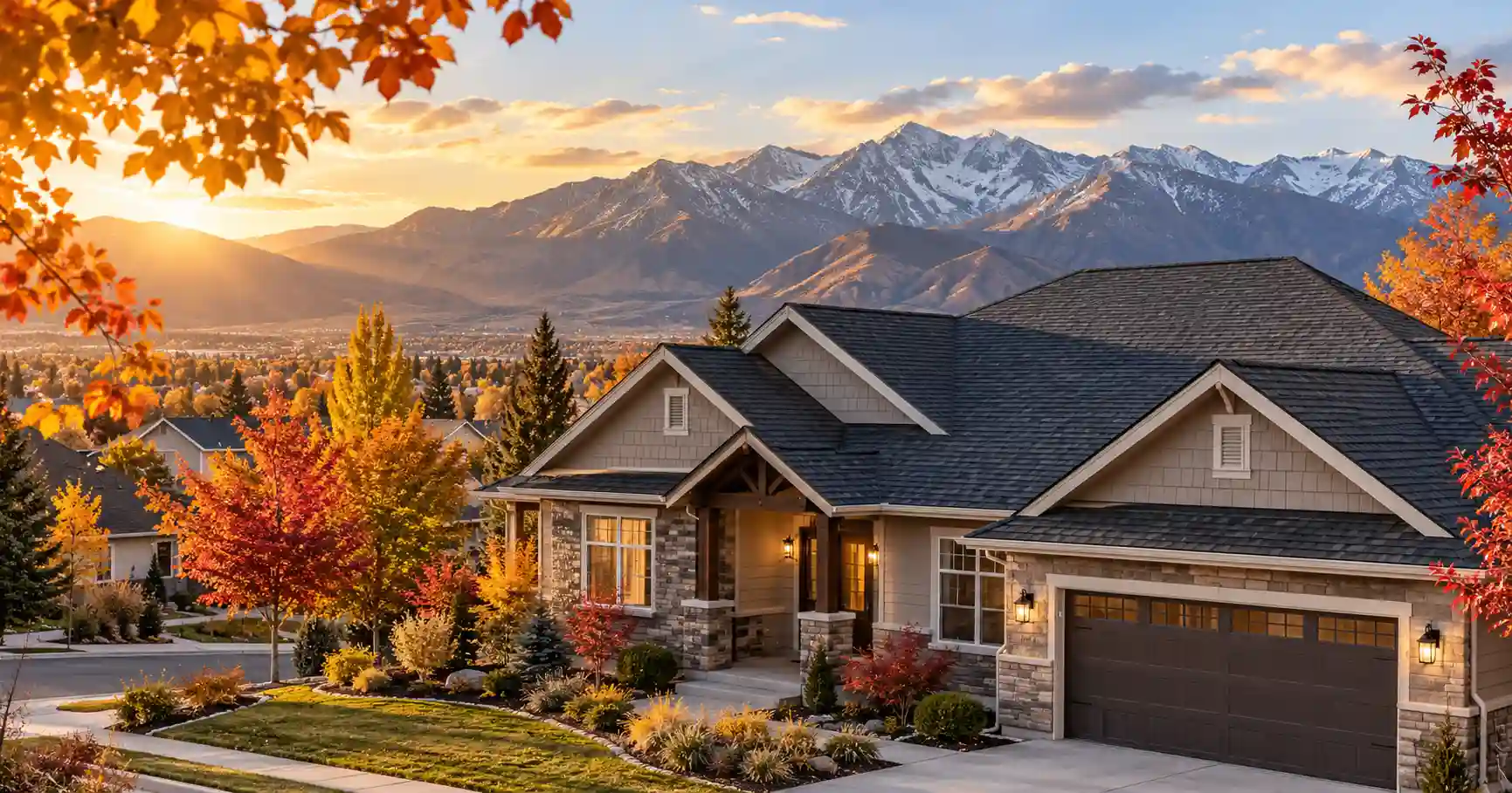 Utah home with an asphalt shingle roof surrounded by fall foliage and mountains during seasonal temperature changes before winter.